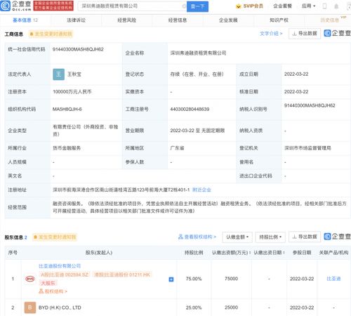 比亚迪成立融资租赁公司 企查查显示注册资本10亿元